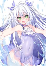  0_0 :d bare_arms bare_shoulders blue_choker blush bow breasts casual_one-piece_swimsuit choker collarbone commission covered_navel female flower_knight_girl frilled_one-piece_swimsuit frills green_eyes grey_hair groin hair_between_eyes hair_ribbon highres long_hair looking_at_viewer oerba_yun_fang one-piece_swimsuit pixiv_commission plaid plaid_ribbon purple_one-piece_swimsuit ribbon sacraneco scilla_(flower_knight_girl) see-through simple_background small_breasts smile solo swimsuit two_side_up unmoving_pattern very_long_hair water white_background white_bow 