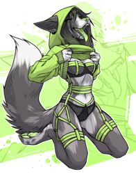  abstract_background absurd_res anthro black_eyes bodily_fluids canid canine canis clothed clothing dog_paws domestic_dog ear_piercing ebony_(luckyonn) female flesh_tunnel fur gauged_ear green_background green_eyes green_nose green_pawpads green_pupils green_tongue grey_body grey_ears grey_fur hair hi_res lingerie looking_at_viewer luckyonn mammal markings open_mouth pawpads piercing pupils raised_clothing saliva saliva_on_tongue simple_background solo spots spotted_body spotted_fur teeth tongue white_background 