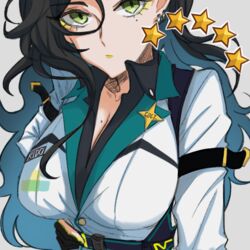  black_hair black_shirt breasts cleavage collared_shirt commentary_request earrings female girls&#039;_frontline green_eyes hair_between_eyes jacket jewelry lapel_pin large_breasts long_hair looking_at_viewer messy_hair mole mole_on_breast mole_under_eye open_clothes open_shirt python_(girls&#039;_frontline) ridot shirt solo star_(symbol) star_pin upper_body white_jacket yellow_lips 