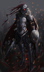  1boy alternate_costume armor breastplate buckler cape chipped_sword embers english_commentary fantasy full_armor full_body fur-trimmed_cape fur_trim gauntlets glowing glowing_eye goblin_slayer goblin_slayer! greaves helmet highres holding holding_sword holding_weapon knight male_focus miamuly red_eyes shield solo standing sword torn_cape torn_clothes visor_(armor) weapon 