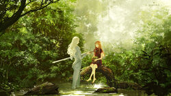  2girls apple artist_name barefoot basket brown_hair clare_(claymore) claymore_(series) dress food fruit grey_pants grey_shirt holding holding_basket holding_sword holding_weapon long_hair long_sleeves long_sword looking_at_another multiple_girls outdoors pants quacx3 red_dress scenery shirt sitting_on_log skin_tight smile sword teresa_(claymore) tree wading water wavy_hair weapon white_hair 