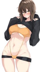  absurdres ass_visible_through_thighs black_hoodie blush breasts brown_eyes brown_hair cleavage closed_mouth commentary cowboy_shot female frown girls_und_panzer half-closed_eyes highres hood hoodie kshimu large_breasts long_sleeves looking_at_viewer navel nishizumi_maho orange_slingshot_swimsuit short_hair shrug_(clothing) simple_background slingshot_swimsuit solo standing swimsuit white_background 