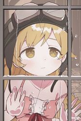  against_window aviator_cap bakemonogatari blonde_hair crack dress female goggles hand_on_glass helmet highres long_hair monogatari_(series) no1shyv oshino_shinobu rain solo strap_slip upper_body window yellow_eyes 