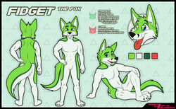  absurd_res blakefox canid canine character_name claws color_swatch english_text fidget_the_fox fox fur green_eyes hi_res male mammal model_sheet multicolored_eyes rainbow_eyes smile solo text tongue 