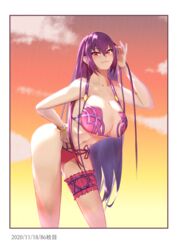  absurdres bare_shoulders blush breasts bridal_garter cleavage closed_mouth collarbone cosplay fate/grand_order fate_(series) female gradient_sky hair_between_eyes highres large_breasts leaning_forward long_hair looking_at_viewer navel orange_sky purple_hair purple_sarong red_eyes sarong scathach_(fate) scathach_(swimsuit_assassin)_(fate) scathach_(swimsuit_assassin)_(fate)_(cosplay) scathach_skadi_(fate) sky smile sunset thighs twilight zumizu 