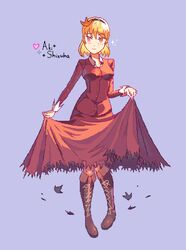  aki_shizuha blonde_hair blue_background boots brown_footwear character_name collared_shirt commentary cross-laced_footwear english_commentary english_text female hair_between_eyes knee_boots lace-up_boots long_sleeves looking_at_viewer orange_eyes pixel_art red_shirt red_skirt shirt short_hair skirt skirt_hold smile solo teasmacker touhou 