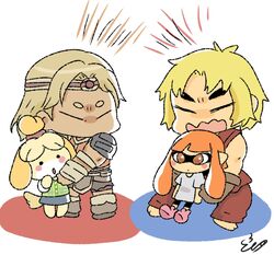  2boys 2girls animal_crossing artist_request blonde_hair castlevania_(series) chibi dougi headband highres hug inkling inkling_girl inkling_player_character isabelle_(animal_crossing) karate_gi ken_masters multiple_boys multiple_girls opposing_sides orange_hair protecting shirt signature simon_belmont size_difference sleeveless source_request splatoon_(series) street_fighter super_smash_bros. t-shirt topknot 