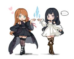  2girls :d absurdres aqua_eyes bad_id bad_pixiv_id bare_shoulders black_dress black_footwear black_hair boots chibi commentary_request cosplay costume_switch crossed_legs crystal dress final_fantasy final_fantasy_xiv fishnet_thighhighs fishnets full_body gaia_(ff14) gaia_(ff14)_(cosplay) hair_ribbon halter_dress halterneck heart highres hyur kkaebing long_hair long_sleeves multiple_girls open_mouth orange_hair pink_ribbon purple_eyes ribbon ryne_waters ryne_waters_(cosplay) simple_background sleeves_past_wrists smile symmetry thighhighs watson_cross white_background white_dress 