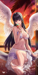  absurdres artist_request bare_shoulders barefoot bikini black_hair breasts cleavage collarbone commentary_request dead_or_alive dead_or_alive_6 eating eyeshadow feathered_wings female food gradient_sky hair_ornament highres hime_cut holding holding_food ice_cream large_breasts lips long_hair looking_at_viewer makeup mole mole_under_mouth navel nyotengu official_art orange_sky purple_eyes sarong simple_background sitting sky smile solo stomach sunset swimsuit the_king_of_fighters the_king_of_fighters_all-stars toes tongue water water_drop wings 