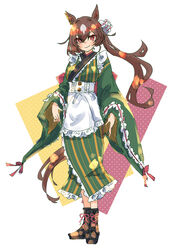  alternate_costume alternate_hairstyle animal_ears apron blush brown_footwear brown_hair closed_mouth commentary_request ear_ornament enmaided female flower frilled_apron frilled_kimono frills full_body green_kimono hair_between_eyes hair_flower hair_ornament horse_ears horse_girl horse_tail japanese_clothes kimono long_hair long_sleeves looking_at_viewer maid maid_apron mihasame multicolored_hair ponytail simple_background sirius_symboli_(umamusume) smile solo streaked_hair tail umamusume white_background white_hair 