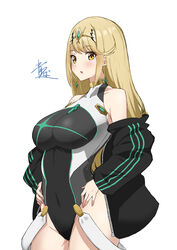  :o absurdres alternate_color alternate_costume aotsuba black_one-piece_swimsuit blonde_hair blush breasts chest_jewel commentary_request competition_swimsuit cosplay covered_navel female grey_one-piece_swimsuit hands_on_own_hips highleg highres jacket large_breasts long_hair looking_at_viewer mythra_(xenoblade) one-piece_swimsuit open_clothes open_jacket pyra_(pro_swimmer)_(xenoblade) pyra_(xenoblade) pyra_(xenoblade)_(cosplay) solo swept_bangs swimsuit tiara track_jacket very_long_hair white_background white_one-piece_swimsuit xenoblade_chronicles_(series) xenoblade_chronicles_2 yellow_eyes 