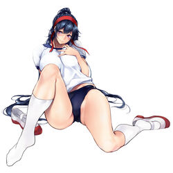  bare_hips black_hair blue_buruma breasts buruma female full_body grabbing grabbing_own_breast gym_shirt gym_uniform hair_ribbon highres kneehighs looking_at_viewer original purple_eyes ribbon shirt shoes simple_background single_shoe skindentation socks solo spread_legs unworn_shoes uwabaki warabino_matsuri white_socks 