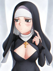  black_eyes blurry blurry_background breasts cleavage cross daleth_(shinigami_bocchan_to_kuro_maid) eyelashes female habit highres indoors large_breasts mixed-language_commentary nun shinigami_bocchan_to_kuro_maid skylock solo standing stitches sweatdrop upper_body 