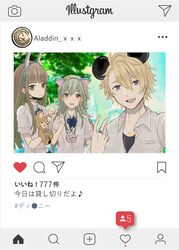  3boys :d akitama2727 aladdin_(sinoalice) animal_ears antenna_hair blonde_hair blue_eyes blue_sky brown_hair closed_mouth commentary_request elephant_ears green_eyes green_hair gretel_(sinoalice) hair_between_eyes headband heart highres hugging_doll hugging_object instagram instagram_username jewelry long_hair looking_at_viewer mouse_ears multiple_boys necklace open_mouth otoko_no_ko outdoors pinocchio_(sinoalice) polo_shirt rabbit_ears reality_arc_(sinoalice) school_uniform selfie shirt short_hair short_sleeves sinoalice sky smile stuffed_animal stuffed_toy teddy_bear teeth tree v white_shirt 