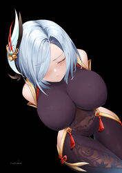  absurdres arms_behind_back ass_visible_through_thighs bare_shoulders black_background black_bodysuit blue_hair blush bodysuit breasts closed_eyes closed_mouth clothing_cutout commentary covered_navel covered_nipples cowboy_shot crossed_legs curvy eyebrows_hidden_by_hair female forehead foruse from_above frown genshin_impact gold_trim hair_ornament hair_over_one_eye highres hip_vent impossible_bodysuit impossible_clothes large_breasts parted_bangs parted_hair shenhe_(genshin_impact) shoulder_cutout side_cutout signature simple_background skin_tight solo swept_bangs tassel thigh_gap thighs 