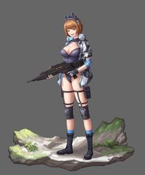  absurdres assault_rifle boots breasts brown_eyes brown_hair brownie_(last_origin) cleavage_cutout clothing_cutout female fingerless_gloves full_body gloves goggles goggles_on_head grey_background gun highres knee_pads last_origin leotard medium_breasts official_alternate_costume poper_(arin_sel) rifle short_hair simple_background smile solo weapon 