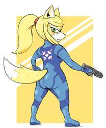  2017 alternate_species anthro ass big_butt blonde_hair blush bodily_fluids breasts butt_pose canid canine clothing dipstick_tail female fox fox_samus_aran fur green_eyes gun hair holding_gun holding_object holding_ranged_weapon holding_weapon looking_at_viewer looking_back looking_back_at_viewer mammal markings metroid multicolored_tail nintendo ponytail pose ranged_weapon rear_view samus_aran simple_background skinsuit solo subakitsu sweat sweatdrop tail tail_markings tight_clothing weapon yellow_background yellow_body yellow_fur zero_suit 