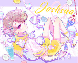  1boy androgynous bad_id bad_pixiv_id butterflyfish character_name dear_vocalist fish grey_eyes grey_hair guppy_(fish) hair_ornament hairclip highres jeje_(pixiv60670177) jellyfish joshua_(dear_vocalist) looking_at_viewer looking_to_the_side male_focus pale_skin pastel_colors siamese_fighting_fish smile tropical_fish 