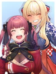  2girls ^_^ black_bow black_gloves blonde_hair blunt_bangs bow breasts cleavage closed_eyes commentary elf fangs gloves hand_on_another&#039;s_shoulder highres hololive houshou_marine houshou_marine_(gothic_lolita) japanese_clothes kimono large_bow large_breasts long_hair long_pointy_ears mikan_(chipstar182) multiple_girls official_alternate_costume open_mouth pointy_ears red_gloves red_hair shiranui_flare shiranui_flare_(new_year) smile teeth twintails v v-shaped_eyebrows virtual_youtuber 