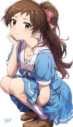  ayano_yuu_(sonma_1426) blue_shirt blue_skirt brown_hair dated expressionless female hand_on_own_cheek hand_on_own_face happy_birthday head_rest highres idolmaster idolmaster_million_live! kitazawa_shiho looking_at_viewer pleated_skirt ponytail shirt simple_background skirt solo squatting summer_uniform_series_(idolmaster) white_background 