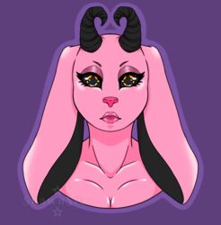  anthro black_horn black_sclera breasts cleavage clothed clothing curved_horn digital_media_(artwork) eyelashes eyeshadow female fur hair hi_res horn hybrid lagomorph leporid lips lipstick long_ears looking_at_viewer makeup mammal mistystar pink_body pink_fur pink_hair pink_nose pupils rabbit shaded simple_background solo star_pupils symbol-shaped_pupils thick_lips unusual_pupils yellow_eyes 