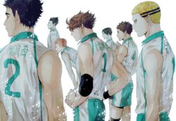  6+boys adapted_costume aoba_johsai_volleyball_uniform back bare_shoulders black_hair blonde_hair brown_hair closed_mouth elbow_pads from_behind haikyuu!! hanamaki_takahiro hands_on_own_hips iwaizumi_hajime jersey kindaichi_yuutarou korean_commentary kunimi_akira kyoutani_kentarou looking_to_the_side male_focus matsukawa_issei multiple_boys oikawa_tooru_(haikyuu!!) shirt shorts sleeveless sleeveless_shirt sportswear toned toned_male ummm_mmma volleyball_uniform 