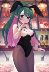  absurdres animal_costume animal_ears asako_mako black_leotard breasts elf fake_animal_ears female green_hair highres indie_virtual_youtuber large_breasts leotard long_hair multicolored_hair nemuta_muu pink_hair playboy_bunny pointy_ears purple_eyes solo virtual_youtuber 