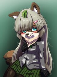  3:4 absurd_res anthro askknight blush brown_body brown_fur canid canine clothed clothing digital_media_(artwork) female fur hair hi_res long_hair looking_at_viewer mammal momo_(disambiguation) raccoon_dog simple_background solo student tanuki young young_female 