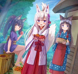  3girls :d absurdres animal_ears apron barefoot black_hair blue_kimono blush bow bowl brown_eyes cat_ears closed_mouth commentary_request day food fox_ears fox_girl fox_tail hair_between_eyes hakama hakama_skirt highres holding holding_bowl holding_food iroha_(iroha_matsurika) japanese_clothes kimono koyoi_(iroha_(iroha_matsurika)) kunoichi-chan_(iroha_(iroha_matsurika)) long_sleeves looking_at_viewer miko multiple_girls mutsuki_(iroha_(iroha_matsurika)) open_mouth original outdoors outstretched_arms polka_dot polka_dot_bow purple_eyes purple_kimono red_apron red_hakama short_kimono short_sleeves sitting skirt smile standing tail tail_raised tasuki tomato tree_stump waist_apron white_bow white_hair white_kimono wide_sleeves 