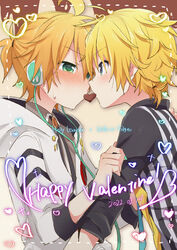  2boys aqua_eyes black_shirt blonde_hair blush cable candy chocolate coat commentary dated dual_persona food forehead-to-forehead green_eyes happy_valentine headphones heads_together heart heart-shaped_chocolate holding_another&#039;s_arm holy_lancer_(module) hood hooded_coat kagamine_len looking_at_another loving_aura male_focus multiple_boys necktie project_diva_(series) selfcest sharing_food shirt short_ponytail spiked_hair squinting striped_clothes striped_shirt sudachi_(calendar) upper_body vertical-striped_clothes vertical-striped_shirt vocaloid white_coat white_edge_(module) yaoi 