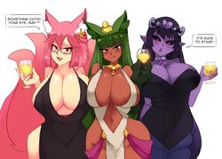  3girls :d animal_ears anubis_(monster_girl_encyclopedia) apophis_(monster_girl_encyclopedia) bare_arms black_dress black_sclera blush breasts cleavage colored_sclera colored_skin come_hither commentary cup dark-skinned_female dark_skin dress drink egyptian_clothes elysia_watanabe english_commentary english_text flower fox_ears fox_girl fox_tail green_eyes green_hair hair_flower hair_ornament holding holding_cup huge_breasts lamia looking_at_viewer monster_girl monster_girl_encyclopedia multiple_girls multiple_tails no_bra original pink_hair pointy_ears purple_hair purple_skin red_eyes rtil scales second-party_source simple_background smile snake_hair_ornament speech_bubble tail tiara white_background 