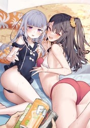  2girls :d akizuki_kei ass bikini black_hair breasts can commentary hair_ornament heart heart_hair_ornament holding holding_can long_hair multiple_girls munakata_hinano oerba_yun_fang one-piece_swimsuit open_mouth original pov purple_eyes red_bikini red_eyes sand small_breasts smile sweat swimsuit tokuno_yuika white_hair 