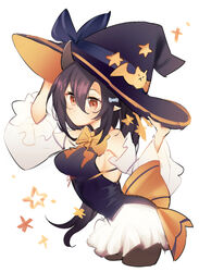  absurdres armpits arms_up azur_lane bare_shoulders black_bow black_dress black_hair black_hat blue_bow blush bow bowtie breasts brown_pantyhose closed_mouth cowboy_shot demon_horns detached_sleeves dress female frills from_side hair_between_eyes hair_ornament hairbow hairclip halloween halloween_costume hand_on_headwear hands_on_headwear hands_up hat hat_bow highres horns isuzu_(azur_lane) isuzu_(night_of_fairy_tale)_(azur_lane) leaning_forward long_hair long_sleeves looking_at_viewer looking_to_the_side medium_breasts miniskirt moriri oni_horns orange_bow orange_bowtie pantyhose pleated_skirt pointy_ears ponytail puffy_sleeves red_eyes ribbon shirt side_ponytail sideboob sidelocks simple_background skirt sleeveless sleeveless_dress solo standing star_(symbol) star_hair_ornament striped striped_bow very_long_hair white_background white_skirt white_sleeves wide_sleeves witch witch_hat 