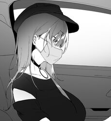  baseball_cap between_breasts breasts car_interior character_request choker collarbone female greyscale hair_over_eyes hat large_breasts looking_down mask medium_hair monochrome mouth_mask seatbelt sitting solo yamakonbu 