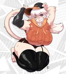  anthro big_breasts biped breasts clothed clothing digital_drawing_(artwork) digital_media_(artwork) felid female frankie_(extremedash) fur hair hi_res kemono luckypan mammal one_eye_closed pantherine smile solo streetwear tail tan_body tan_fur text text_on_clothing thick_thighs tongue tongue_out torn_clothing 