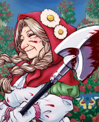  alt_text blood blood_on_clothes blood_on_face blood_on_weapon braid breasts capelet closed_eyes dress farmer_(sekaiju) farmer_5_(sekaiju) female highres holding holding_shovel holding_weapon hood large_breasts long_sleeves lynx monster old old_woman outdoors sekaiju_no_meikyuu sekaiju_no_meikyuu_3 sekaiju_no_meikyuu_hd shovel signature smile solo twin_braids upper_body weapon white_dress yorukihashi_mayu 