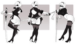  2b_(nier:automata) absurdres ass black_dress black_footwear blindfold boots breasts character_name commentary copyright_name covered_eyes dress female from_behind from_side full_body gloves hair_ornament hairband high_heel_boots high_heels highres holding holding_weapon long_sleeves looking_at_viewer mole mole_under_mouth monochrome multiple_views neyuki_rei nier:automata nier_(series) panties puffy_sleeves reverse_grip short_dress short_hair simple_background standing sword thigh_boots thighhighs thighhighs_under_boots underwear weapon white_background 