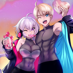  1boy abs ahoge axia-chan bare_shoulders black_bodysuit black_jacket blonde_hair blue_eyes bodysuit breasts closed_mouth covered_navel female grey_hair jacket large_breasts leopold_(symphogear) long_hair one_eye_closed open_mouth purple_eyes senki_zesshou_symphogear senki_zesshou_symphogear_xd_unlimited short_hair teeth upper_teeth_only valentine yukine_chris 