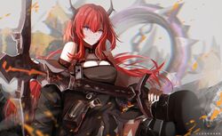  absurdres arknights artist_name bad_id bad_pixiv_id bare_shoulders belt black_belt black_dress breasts cleavage commentary cowboy_shot crossed_legs demon_horns dress female hair_between_eyes highres holding holding_sword holding_weapon horns infection_monitor_(arknights) long_hair looking_at_viewer medium_breasts off_shoulder purple_eyes red_hair simple_background sitting sleeveless sleeveless_dress smile solo surtr_(arknights) sword vloodozer weapon 