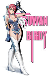  birdy_cephon_altera boots breasts cleavage closed_mouth covered_navel elbow_gloves female gloves green_eyes highres long_hair looking_at_viewer medium_breasts multicolored_hair photoshop_(medium) pink_hair smile solo tetsuwan_birdy_decode thigh_boots thighhighs two-tone_hair v white_background white_hair youguang_liangliang 