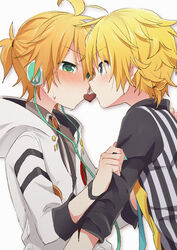  2boys aqua_eyes black_shirt blonde_hair blush cable candy chocolate coat commentary dual_persona food forehead-to-forehead green_eyes headphones heads_together heart heart-shaped_chocolate holding_another&#039;s_arm holy_lancer_(module) hood hooded_coat kagamine_len looking_at_another male_focus multiple_boys necktie project_diva_(series) selfcest sharing_food shirt short_ponytail simple_background spiked_hair squinting striped_clothes striped_shirt sudachi_(calendar) upper_body vertical-striped_clothes vertical-striped_shirt vocaloid white_background white_coat white_edge_(module) yaoi 