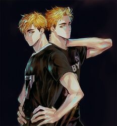  2boys aged_up black_background blonde_hair brown_eyes closed_mouth dual_persona eyebrows haikyuu!! hand_on_own_neck hands_on_own_hips jersey looking_at_another male_focus miya_atsumu multicolored_hair multiple_boys short_hair smile sportswear time_paradox toned toned_male two-tone_hair ummm_mmma upper_body volleyball_uniform 