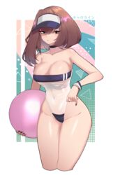  absurdres artist_name bad_id bad_pixiv_id ball bare_shoulders beachball black_eyes black_nails bracelet breasts brown_hair caroline_(psidubs) choker cleavage collarbone covered_navel cropped_legs female gris_swimsuit highres holding holding_ball holding_beachball jewelry large_breasts looking_at_viewer medium_hair meme_attire original psidubs solo translated 