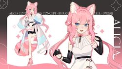  alicia_cotton animal_ear_fluff animal_ears asymmetrical_legwear blue_eyes cat_ears cat_girl cat_tail female full_body gloves hair_between_eyes hair_ornament hairclip highres indie_virtual_youtuber leg_up long_hair looking_at_viewer oerba_yun_fang open_mouth rionkun81 sidelocks tail thighhighs virtual_youtuber 