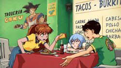  1boy 2girls apron arguing arizona_(drink) arm_support ayanami_rei beer_bottle black_eyes black_hair blue_choker blue_eyes blue_hair blue_skirt bob_cut bottle bracelet breasts brown_hair canned_tea chair choker closed_mouth club_america coca-cola commentary cowboy_shot dragon_ball dragon_ball_z drinking_straw earrings eating english_commentary food fruit furrowed_brow green_shirt hair_between_eyes hairpods highres holding holding_bottle holding_food holding_plate ikari_shinji interface_headset jewelry leaning_on_table liga_mx lime_(fruit) long_hair looking_at_another medium_breasts mexican_dress mexico monobloc_(chair) mrmiguelart multiple_girls muscular muscular_male neon_genesis_evangelion open_mouth orange_hair orange_shirt our_lady_of_guadalupe patio_chair plate pleated_skirt polo_shirt red_eyes shirt short_hair short_sleeves sign signature sitting skirt smile soccer_uniform soda_bottle son_goku souryuu_asuka_langley spanish_text speaker sportswear standing table tablecloth taco taqueria teeth two_side_up upper_teeth_only v-shaped_eyebrows virgin_mary white_apron yellow_shirt 