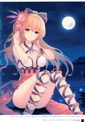  absurdres bare_shoulders bikini bow character_name closed_mouth collarbone female fingernails flower full_moon granblue_fantasy hair_flower hair_ornament hairbow hands_up hibiscus highres long_hair looking_at_viewer moon night night_sky official_alternate_costume orange_hair page_number photoshop_(medium) red_eyes scan simple_background sky smile solo star_(sky) starry_sky swimsuit thighs tied_hair vira_(granblue_fantasy) vira_(summer)_(granblue_fantasy) yashiro_seika 