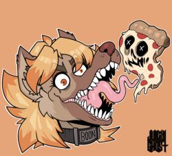  absurd_res anthro boon_digges collar female food hi_res hyena juicyghost mammal pizza simple_background text text_on_collar tongue 