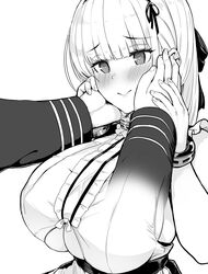  azur_lane blunt_bangs blush bracelet breasts clothing_cutout commander_(azur_lane) dido_(azur_lane) female frills greyscale hair_ribbon hands_on_another&#039;s_face heart heart-shaped_pupils highres huge_breasts jewelry monochrome ribbon smile symbol-shaped_pupils underboob_cutout upanishi_mariko 