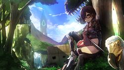  animal ark_survival_evolved bird blue_sky brown_hair building camouflage clothing_cutout commentary_request cropped_jacket day dinosaur dodo_(bird) female forest glasses gun hair_between_eyes highres holding holding_gun holding_weapon hololive jacket looking_at_viewer mechanical_legs midriff namako_(namacotan) nature outdoors roboco-san roboco-san_(1st_costume) short_hair short_sleeves sky smile solo thigh_cutout virtual_youtuber water waterfall weapon yellow_eyes 