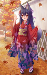  :d absurdres animal_ear_fluff animal_ears autumn_leaves black_footwear black_hair blush brown_eyes commentary_request female fox_ears fox_girl fox_tail full_body hair_between_eyes hair_ornament hair_ribbon hairclip hands_up highres iroha_(iroha_matsurika) japanese_clothes kimono kunoichi-chan_(iroha_(iroha_matsurika)) leaf long_hair long_sleeves looking_at_viewer maple_leaf obi oerba_yun_fang open_mouth original outdoors pinching_sleeves print_kimono purple_ribbon red_kimono ribbon sandals sash sleeves_past_wrists smile socks solo tabi tail white_socks wide_sleeves x_hair_ornament zouri 